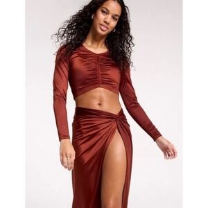 CALIA Ruched Long Sleeve Rash Guard Crop Top Mahogany Rust Brown Size Medium NEW